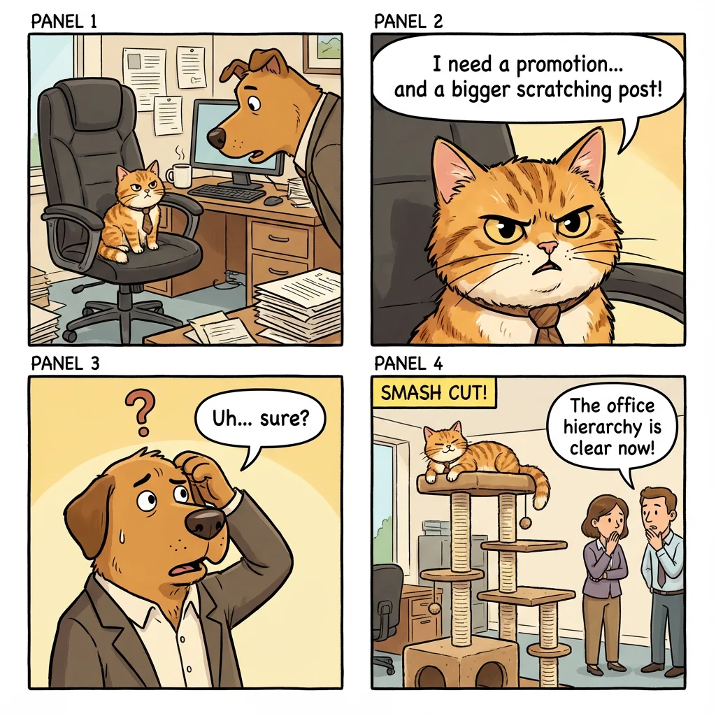 Make an image of a four-panel strip, with padding around the border:
A tiny cat sits on a chair at a busy office desk. The boss, a large dog, leans over trying to see the cat.
Close-up on the cat, looking serious. It says, 'I need a promotion… and a bigger scratching post!'
The boss scratches his head: 'Uh… sure?'
Smash cut to the cat lounging on a giant scratching post, coworkers watching and whispering: 'The office hierarchy is clear now!'