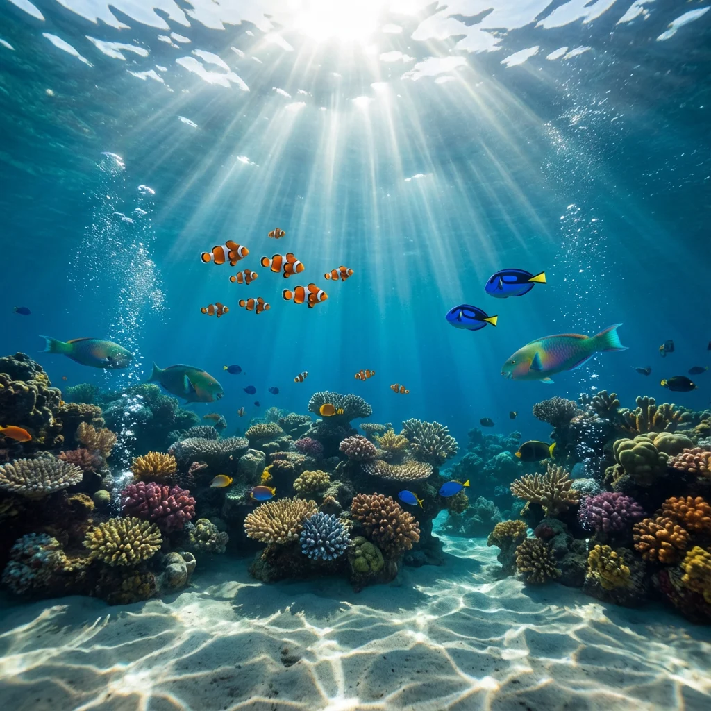 A vibrant coral reef underwater, sunlight shafts penetrating the water, fish swimming through beams, water caustics on sand, bubbles rising, realistic physics and lighting.
