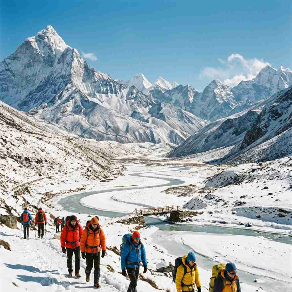 A snowy mountain valley, frozen river winding through mid-ground, hikers with colorful jackets in the foreground, towering peaks in background, clear blue sky, panoramic composition emphasizing depth and scale.
