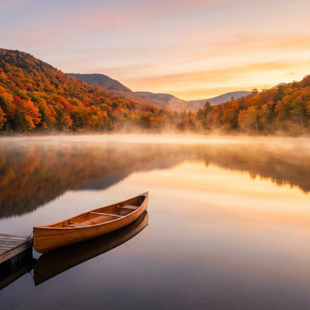 A serene mountain lake at sunrise, mist rising from the water, vibrant autumn foliage on the surrounding hills, peaceful and detailed.