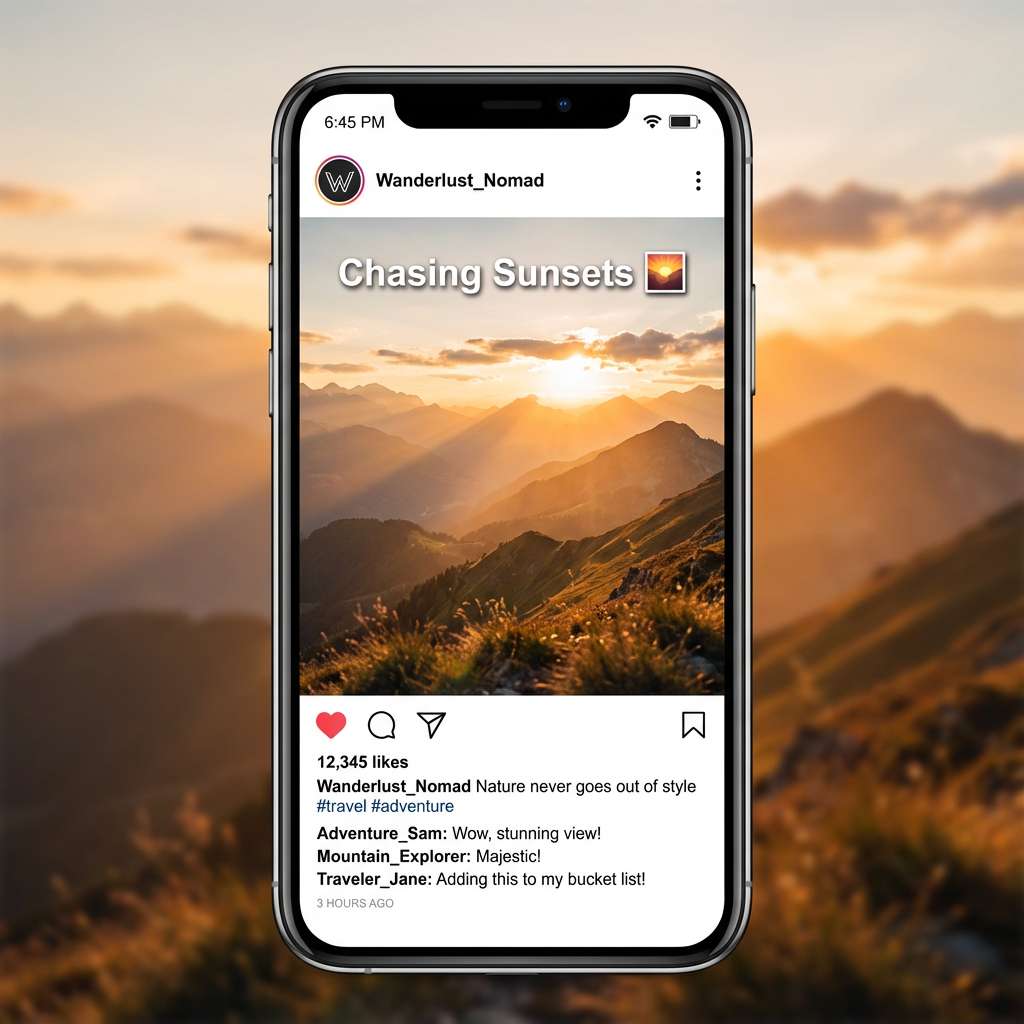 A realistic Instagram post screenshot: a photo of golden sunset over mountain peaks, soft warm light bathing the scene. Top overlay text: 'Chasing Sunsets 🌄', bottom caption: 'Nature never goes out of style #travel #adventure'. Visible interface elements: profile icon, likes count 12,345, three top comments, heart and comment icons, realistic app interface, cinematic lighting, shallow depth of field for the background photo.